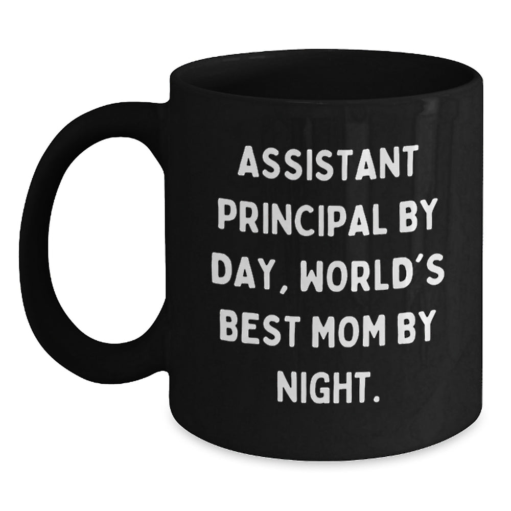 Funny Assistant Principal Gifts for Graduation - 'Assistant Principal By Day, World's Best Mom By Night.' Black Coffee Mug from Family - Main