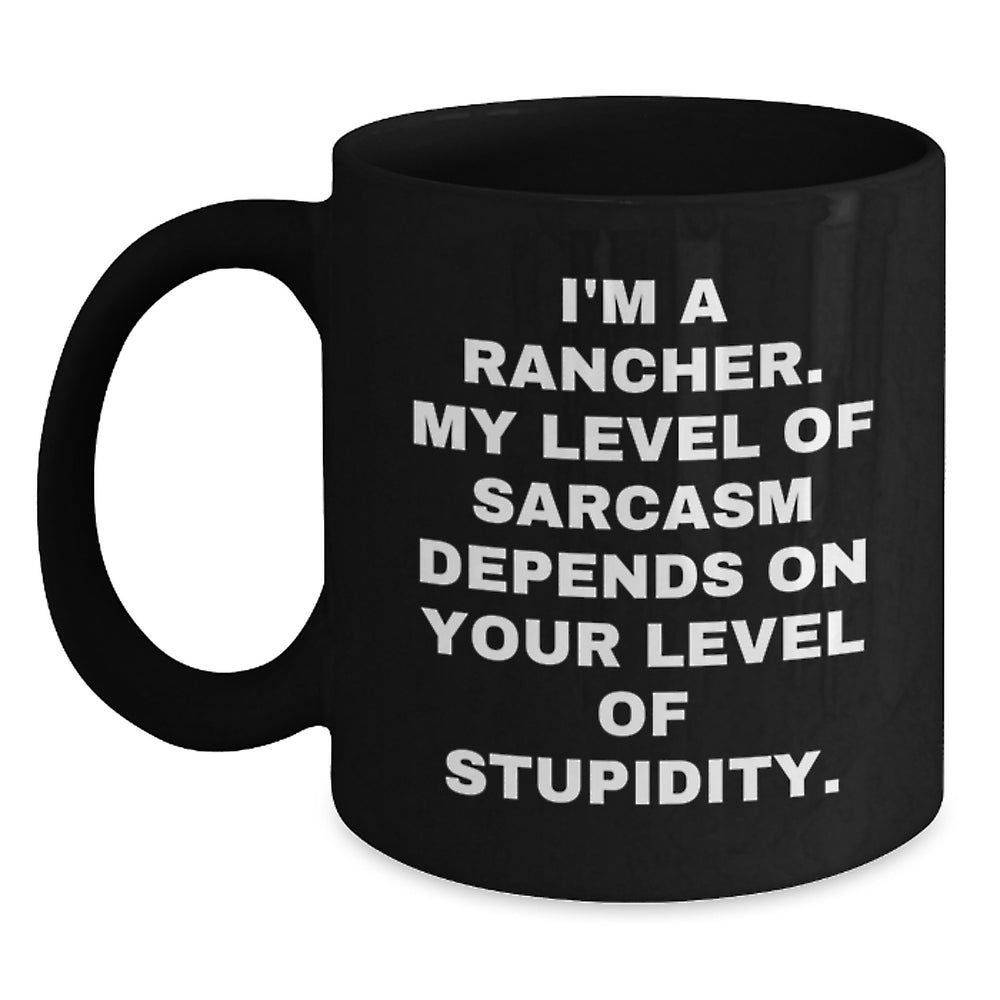 Funny Rancher Gifts for Men - Christmas Unique Gifts from Friends - Black Coffee Mug with 'I'm A Rancher, My Level Of Sarcasm Depends On Your Level Of Stupidity' Quote - Main