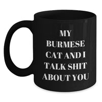 Load image into Gallery viewer, Funny Burmese Cat Quotes Gifts from Men to Friends for Birthday Unique Mugs, My Burmese Cat And I Talk Shit About You, Black Coffee Mug, 11oz or 15oz - Main
