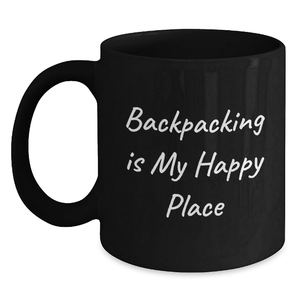 Backpacking Adventures Begin, Funny Gifts from Friends to Backpacking Men, Black Coffee Mug - Main