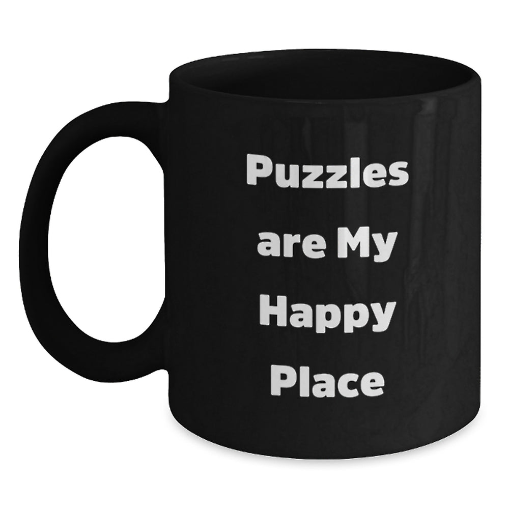 Puzzles Lovers' Gift, Funny Black Coffee Mug for Graduation, 'Puzzles Are My Happy Place' Quote, Gifts from Friends, Gifts for Puzzle Enthusiasts, Unique Graduation Gifts - Main