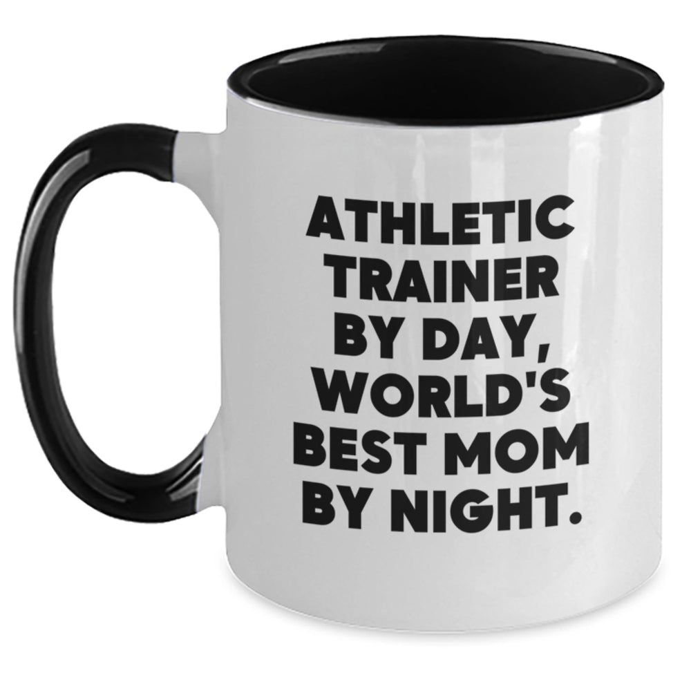Funny Athletic Trainer Gifts from Mom - Unique Two Tone Coffee Mug for Athlete Trainers, Graduation, 'Athletic Trainer By Day, World's Best Mom By Night.' - Main