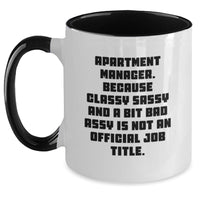 Load image into Gallery viewer, Funny Apartment Manager Gifts from Family for Christmas Unique Mug, Two Tone Coffee Mug &#39;Apartment Manager. Because Classy Sassy And A Bit Fearlessy Is Not An Official Job Title.&#39; - Main
