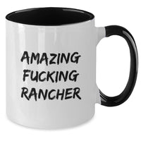 Load image into Gallery viewer, Funny Rancher Gifts from Men - Graduation Unique Gifts for Rancher with Two Tone Coffee Mug, Amazing 'F--king Rancher' Quote, 11oz Ceramic Mug, Microwave and Dishwasher Safe - Additional