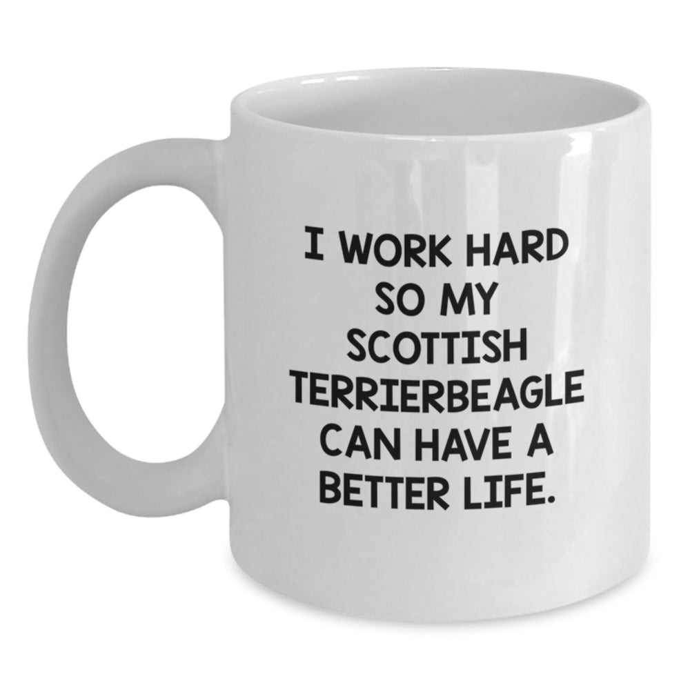 Funny Scottish Terrier Dog Mom Gifts from Men to Women on Birthday, I Work Hard So My Scottish Terrierbeagle Can Have A Better Life White Coffee Mug - Main