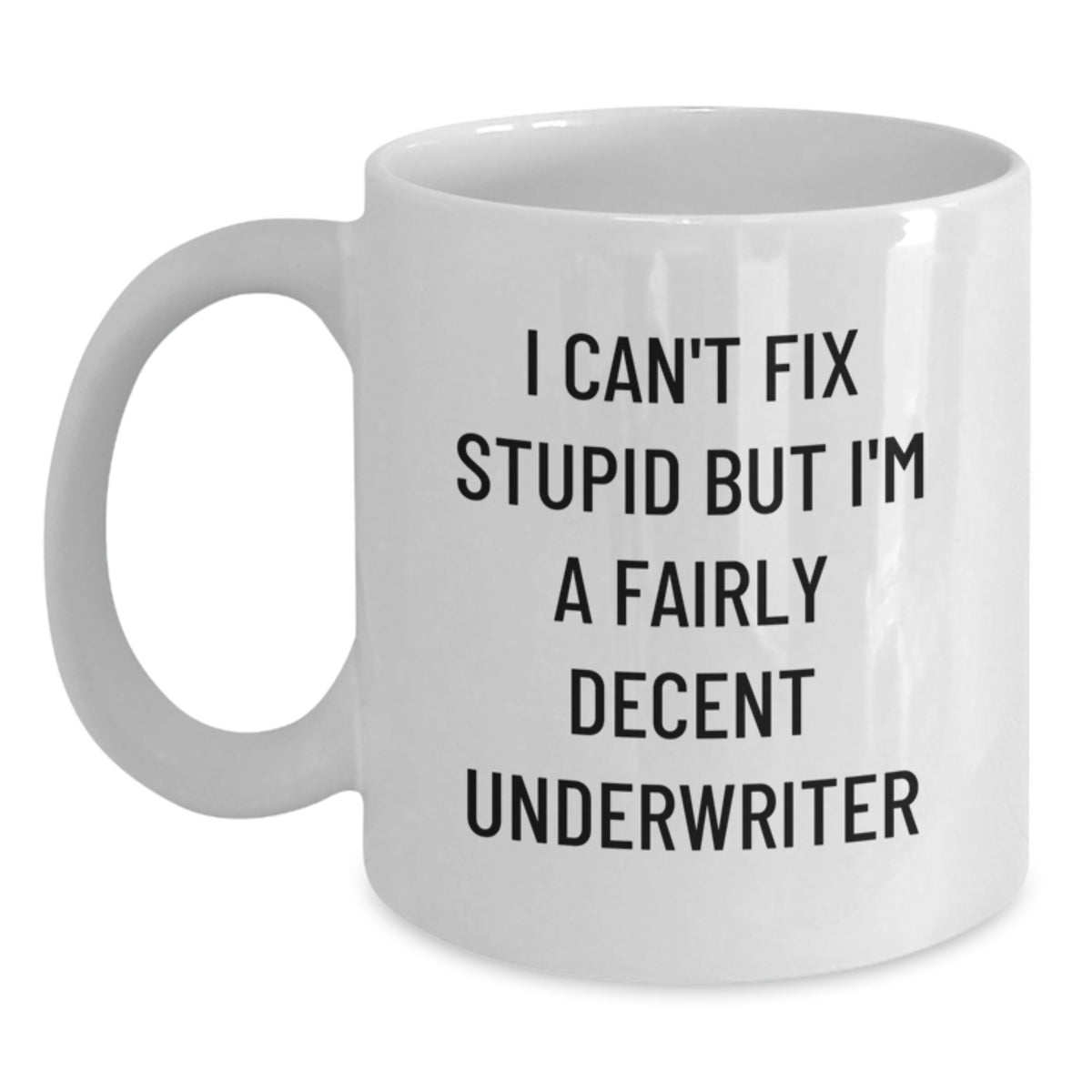 Funny Underwriter Gifts from Men for Christmas Unique White Coffee Mugs with I Can't Fix Stupid But I'm A Decent Underwriter Quote - Main