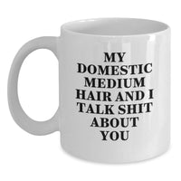 Load image into Gallery viewer, Funny Domestic Medium Hair Cat Gifts from Friends and Family, White Coffee Mug for Birthday, I Talk Shit About You Quote, Unique Birthday Unique Gifts for Cat Lovers, 11oz or 15oz Ceramic Mug - Main
