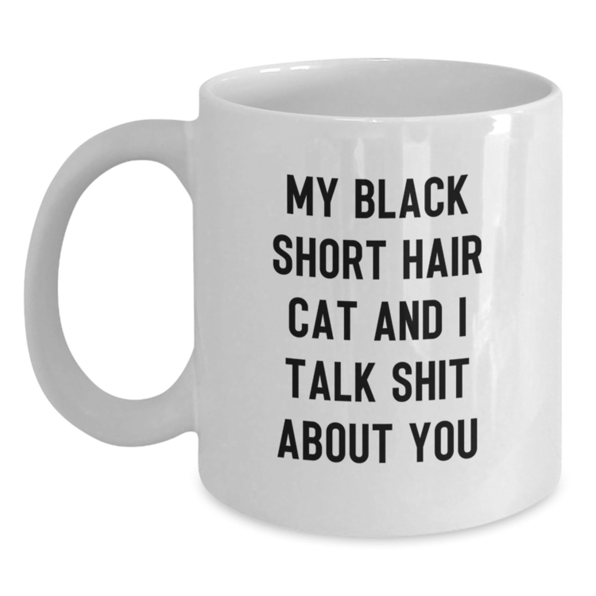 Funny Black Short Hair Cat White Coffee Mug Gifts from Friends for Graduation, 'My Black Short Hair Cat And I Talk Shit About You' Quote, 11oz or 15oz Ceramic Mug - Main
