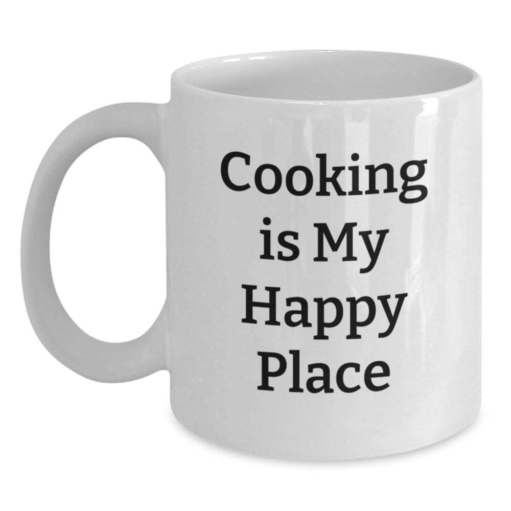Funny Cooking Gifts for Friends, White Coffee Mug for Graduation, 'Cooking Is My Happy Place' Quote, 11oz or 15oz Capacity, Microwave and Dishwasher Safe Gifts from Family - Main