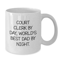 Load image into Gallery viewer, Funny Court Clerk Gifts, White Coffee Mug for Court Clerk By Day, World's Best Dad By Night, Christmas Unique Presents from Family - Additional