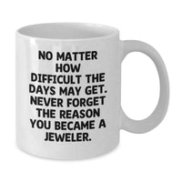 Load image into Gallery viewer, Funny Jeweler Gifts from Family on Mother's Day - White Coffee Mug with 'No Matter How Difficult The Days May Get. Never Forget The Reason You Became A Jeweler.' Quote - Additional
