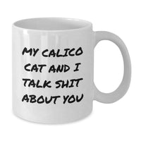 Load image into Gallery viewer, Funny Calico Cat White Coffee Mug, Gifts from Friends to Family, &#39;My Calico Cat And I Talk Shit About You&#39;, Unique Graduation Gifts for Her, Him, or Friends - Additional
