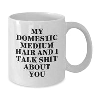Load image into Gallery viewer, Funny Domestic Medium Hair Cat Gifts from Friends and Family, White Coffee Mug for Birthday, I Talk Shit About You Quote, Unique Birthday Unique Gifts for Cat Lovers, 11oz or 15oz Ceramic Mug - Additional

