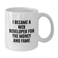 Load image into Gallery viewer, Funny Gifts for Web Developer Friends from Family on Graduation Day - 'I Became A Web Developer For The Money And Fame' White Coffee Mug - Additional