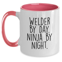 Load image into Gallery viewer, Funny Welder Gifts from Friends to Men - 'Welder By Day. Ninja By Night.' Two Tone Coffee Mug for Christmas - Main