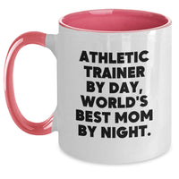 Load image into Gallery viewer, Funny Athletic Trainer Gifts from Mom - Unique Two Tone Coffee Mug for Athlete Trainers, Graduation, &#39;Athletic Trainer By Day, World&#39;s Best Mom By Night.&#39; - Main

