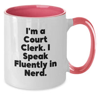 Load image into Gallery viewer, Funny Court Clerk Gifts from Friends, Unique Christmas Mug with 'I'm A Court Clerk. I Speak Fluently In genius.' Quote, Court Clerk Two Tone Coffee Mug - Additional