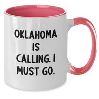 Load image into Gallery viewer, Funny Oklahoma Gifts from Friends and Family - Two Tone Coffee Mug with 'Oklahoma Is Calling. I Must Go.' Quote for Graduation Unique Gifts - Additional