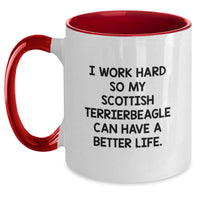 Load image into Gallery viewer, Funny Scottish Terrier Dog Gifts, Inspirational Mugs for Scottie Lovers, Gifts from Family, Two Tone Coffee Mug for Birthday, I Work Hard So My Scottish Terrier Can Have A Better Life. - Main
