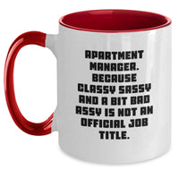 Load image into Gallery viewer, Funny Apartment Manager Gifts from Family for Christmas Unique Mug, Two Tone Coffee Mug &#39;Apartment Manager. Because Classy Sassy And A Bit Fearlessy Is Not An Official Job Title.&#39; - Main
