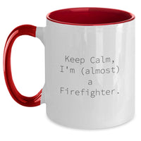 Load image into Gallery viewer, Funny Firefighter Gifts from Friends for Graduation Unique Two Tone Coffee Mugs with 'Keep Calm I'm (almost) A Firefighter' Quote, Firefighter Inspired Mugs for Men, Women, Family, Coworkers - Main