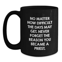 Load image into Gallery viewer, Funny Gifts from Men for Priest on Father's Day - Black Coffee Mug with Inspirational Quote 'No Matter How Difficult The Days May Get. Never Forget The Reason You Became A Priest.' - Main