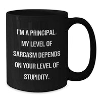 Load image into Gallery viewer, Funny Principal Gifts from Friends for Men - 'I'm A Principal. My Level Of Sarcasm Depends On Your Level Of Stupidity.' Black Coffee Mug - Additional