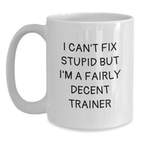 Load image into Gallery viewer, Funny Trainer Gifts from Friends for Men White Coffee Mug - I Can't Fix Stupid But I'm A Fairly Decent Trainer Quote - Main