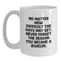 Load image into Gallery viewer, Funny Jeweler Gifts from Family on Mother's Day - White Coffee Mug with 'No Matter How Difficult The Days May Get. Never Forget The Reason You Became A Jeweler.' Quote - Main