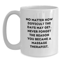 Load image into Gallery viewer, Funny Massage Therapist Gifts for Him - White Coffee Mug - No Matter How Difficult The Days May Get Never Forget The Reason You Became A Massage Therapist Gifts from Family and Friends - Main