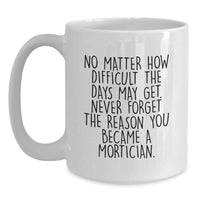 Load image into Gallery viewer, Funny Mortician Gifts from Friends for Birthday Unique White Coffee Mugs, Never Forget the Reason You Became a Mortician, Inspirational Quote Mug for Mortician, 11oz or 15oz Ceramic - Main