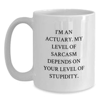 Load image into Gallery viewer, Funny Actuary White Coffee Mug Gifts from Friends for Valentine's, I'm An Actuary My Level Of Sarcasm Depends On Your Level Of Stupidity - Main