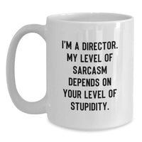 Load image into Gallery viewer, Funny Director White Coffee Mug, Gifts from Friends to Director, Christmas Unique Gifts for Directors, 'I'm A Director. My Level Of Sarcasm Depends On Your Level Of Stupidity.' Quote - Main