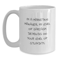 Load image into Gallery viewer, Funny Marketing Manager Birthday Unique Gifts from Friends White Coffee Mug, 11oz or 15oz Capacity, Ceramic, Microwave and Dishwasher Safe - The Sarcasm Level Mug - Main