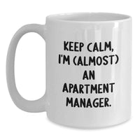 Load image into Gallery viewer, Funny Apartment Manager Gifts from Family to New Grad - Gifts for Apartment Manager, White Coffee Mug with Keep Calm, I'm (almost) An Apartment Manager. Quote - Main