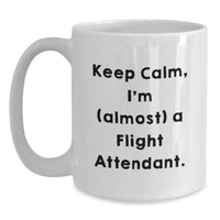 Load image into Gallery viewer, Funny Flight Attendant Gifts from Friends, Unique White Coffee Mug for Graduation, 'Keep Calm I'm (almost) A Flight Attendant' Quote - Main
