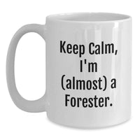 Load image into Gallery viewer, Funny Forester Gifts from Friends, White Ceramic Coffee Mug for Men, Graduation Unique Gift Idea for Him, Keep Calm I'm Almost a Forester - Main