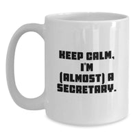 Load image into Gallery viewer, Funny Secretary Gifts from Friends Unique White Coffee Mug Keep Calm I'm (almost) A Secretary. - Main