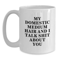 Load image into Gallery viewer, Funny Domestic Medium Hair Cat Gifts from Friends and Family, White Coffee Mug for Birthday, I Talk Shit About You Quote, Unique Birthday Unique Gifts for Cat Lovers, 11oz or 15oz Ceramic Mug - Main
