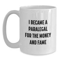 Load image into Gallery viewer, Funny Paralegal Gifts for Men, Humorous White Coffee Mug, I Became A Paralegal For The Money And Fame, Graduation Unique Gifts from Friends - Main