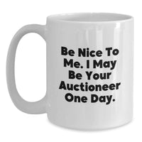 Load image into Gallery viewer, Funny Inspirational Gifts from Men to Auctioneer Friends Birthday Unique White Coffee Mug - Be Nice To Me. I May Be Your Auctioneer One Day. - Main