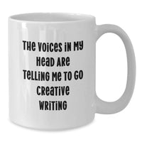 Load image into Gallery viewer, Funny Creative Writing Gifts for Women from Friends on Valentine's - 'The Voices In My Head Are Telling Me To Go Creative Writing' White Coffee Mug - Additional