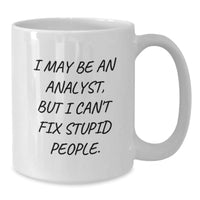 Load image into Gallery viewer, Funny Analyst Humor White Coffee Mug, Gifts from Friends for Birthday, 11oz or 15oz, Microwave and Dishwasher Safe, &#39;I May Be An Analyst, But I Can&#39;t Fix Stupid People.&#39; - Additional
