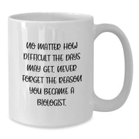 Load image into Gallery viewer, Funny Inspirational Gifts for Biologists from Friends, White Coffee Mug, No Matter How Difficult The Days May Get. Never Forget The Reason You Became A Biologist. - Additional