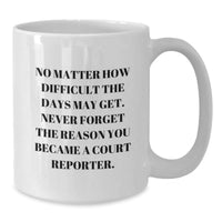 Load image into Gallery viewer, Courageous Court Reporter Christmas Unique Gifts from Friends, Inspirational Coffee Mug, Court Reporter Appreciation Gift, White Coffee Mug, No Matter How Difficult The Days May Get - Additional
