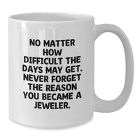 Load image into Gallery viewer, Funny Jeweler Gifts from Family on Mother's Day - White Coffee Mug with 'No Matter How Difficult The Days May Get. Never Forget The Reason You Became A Jeweler.' Quote - Additional