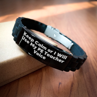Load image into Gallery viewer, Funny PE Teacher Gifts, Keep Calm Or I Will Use My PE Teacher Voice, PE Teacher Teacher Glide lock Clasp Bracelet for Men, Unique Father&#39;s Day Unique Gifts from Friends to Family - Image 2
