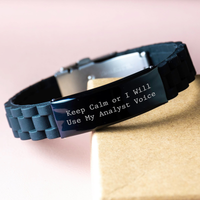 Load image into Gallery viewer, Funny Analyst Gifts for Him, Keep Calm Or I Will Use My Analyst Voice Glide lock Clasp Black Stainless Steel Silicone Adjustable Bracelet, Gifts from Men for Analyst on Father&#39;s Day - Image 3

