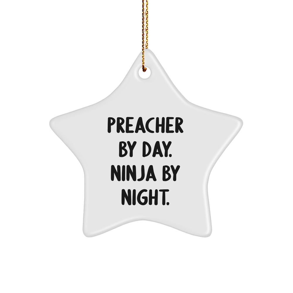 Preacher Gifts for Christmas - Preacher By Day. Ninja By Night. Star Ornament, White, 3.25'' tall, Durable MDF, Vibrant Colors, Gift from Friends, Family, or Coworkers - Image 1