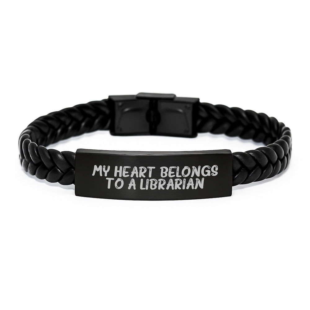 Librarian Love Gifts from Friends, Unique Interlaced Leather Bracelet for Birthday - 'My Heart Belongs To A Librarian' - Image 1